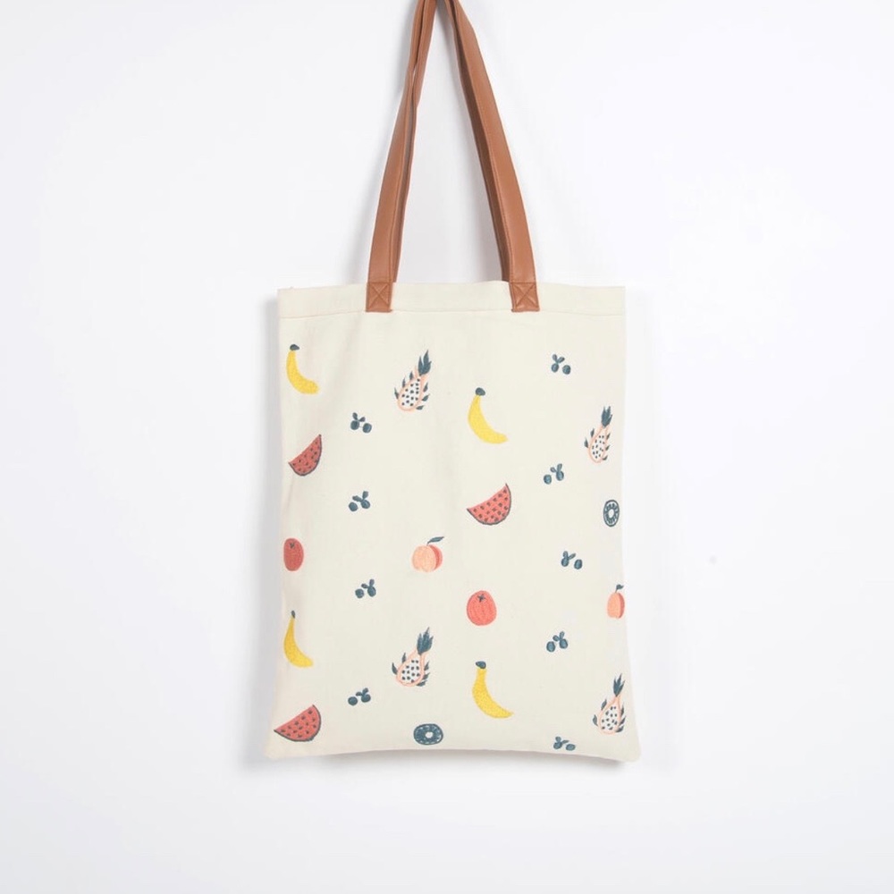 Cute Fruit Embroidered Cotton Tote Bag